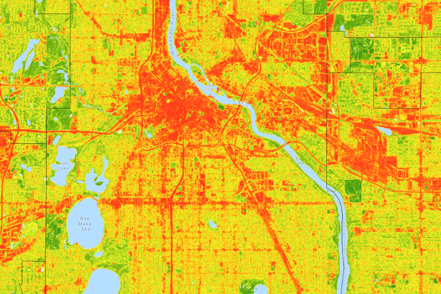 The Extreme Heat map uses color to show huge variance in surface temperatures in the Twin Cities metropolitan area