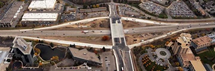Aerial view highway entrance and exit ramps