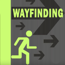 A neon green stick figure running to the right with "Wayfinding" written above him